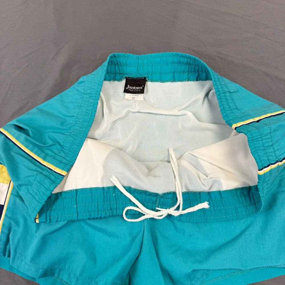 Vintage Jantzen Mens Teal Blue Striped Swim Trunks Shorts Size 40 Made in USA